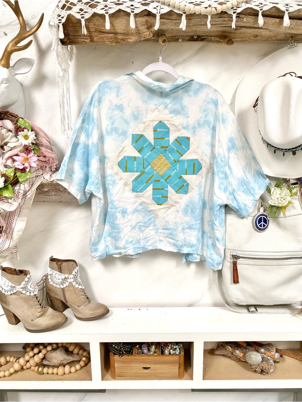 Forget me not artisan patchwork tie dye upcycled boho cottagecore shirt/cover up